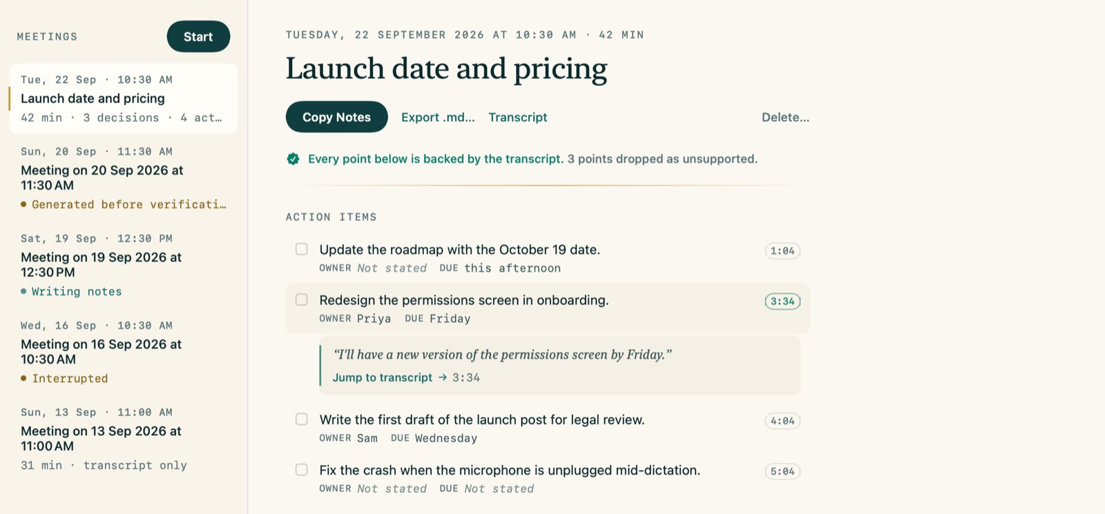 OnVoice meeting notes for a meeting titled Launch date and pricing. A line reads: Every point below is backed by the transcript. 3 points dropped as unsupported. Action items list owners and due dates; one is expanded to show the quote it came from and a Jump to transcript link at 3:34.